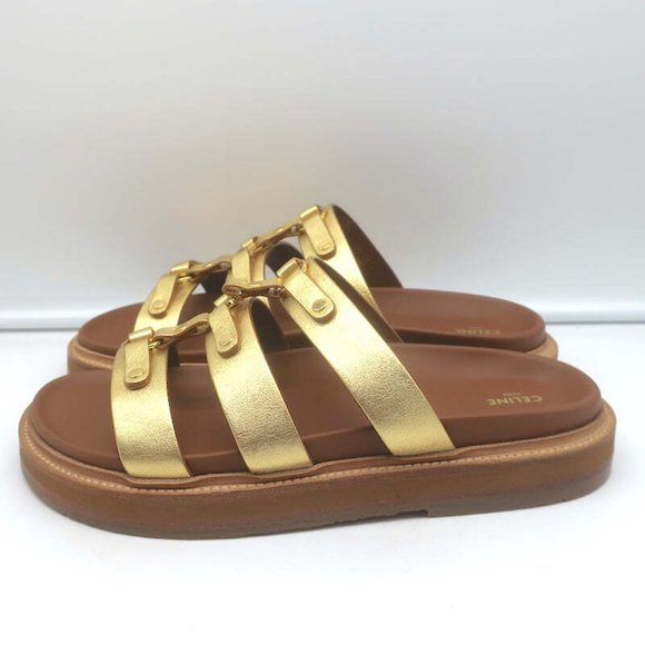 Celine Tippi Triomphe Slide Sandals Gold Metallic Leather Size 40 NEW - Picture 7 of 12